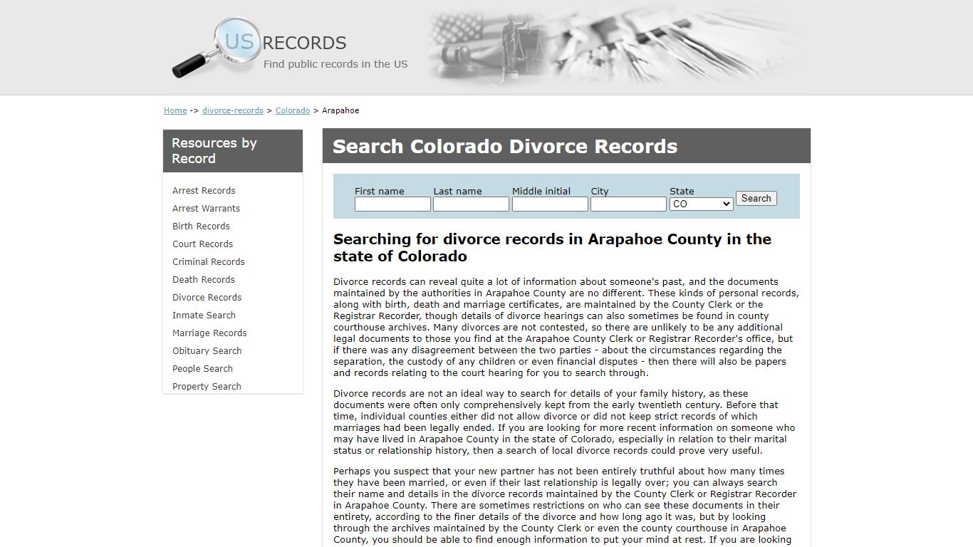 Search Divorce Records Arapahoe Colorado | US Records