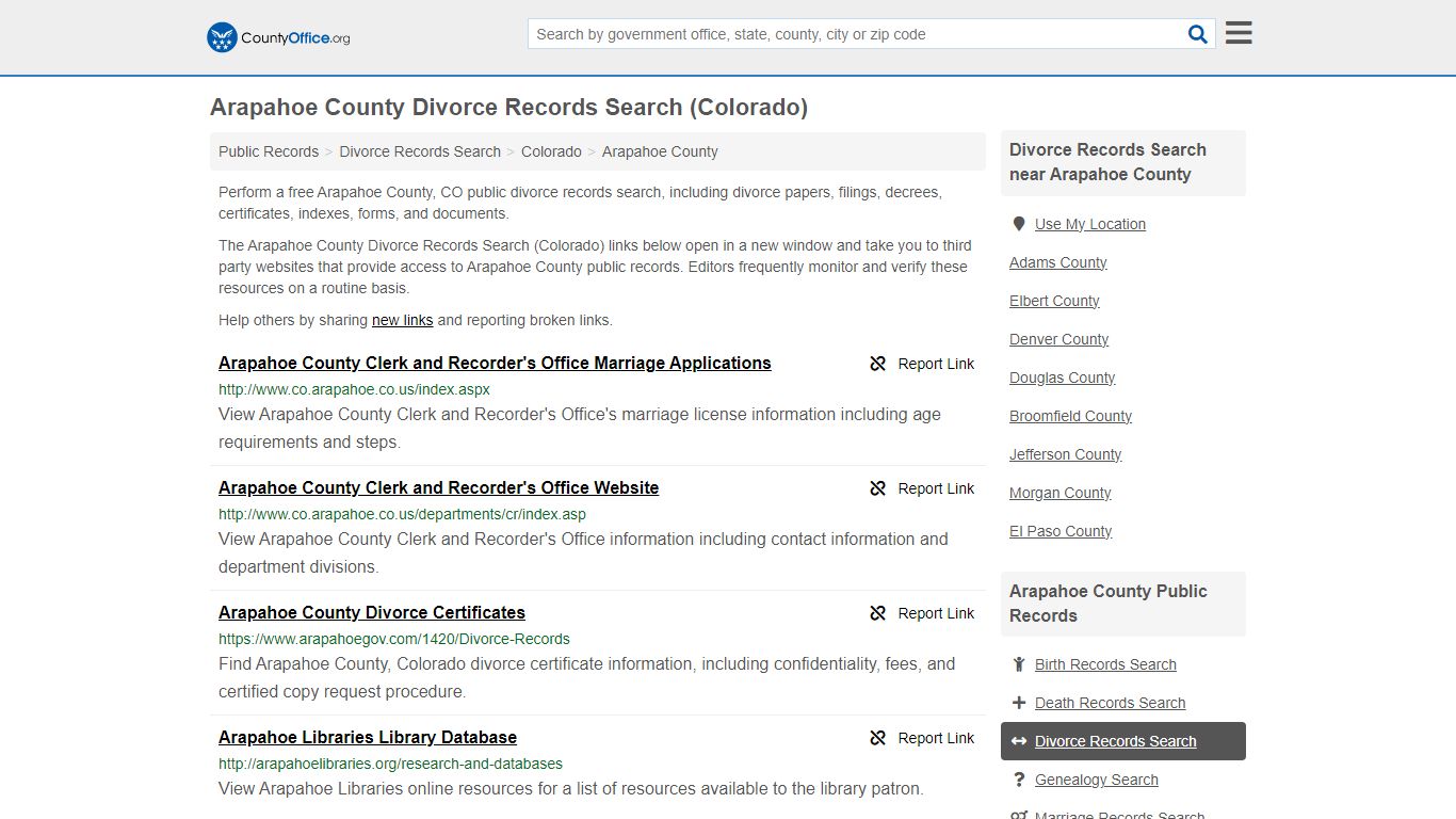 Arapahoe County Divorce Records Search (Colorado) - County Office